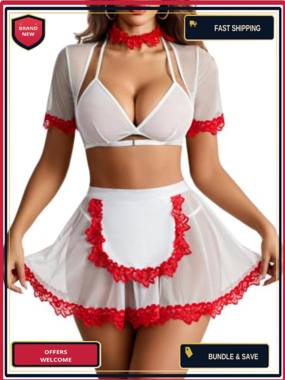 Mesh Lace Cosplay Costume Set French Maid Outfit 6 PCS